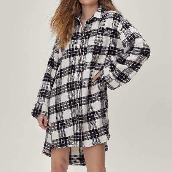Nasty Gal Black and White Brushed Check Plaid Flannel Shirt Dress - Picture 1 of 9